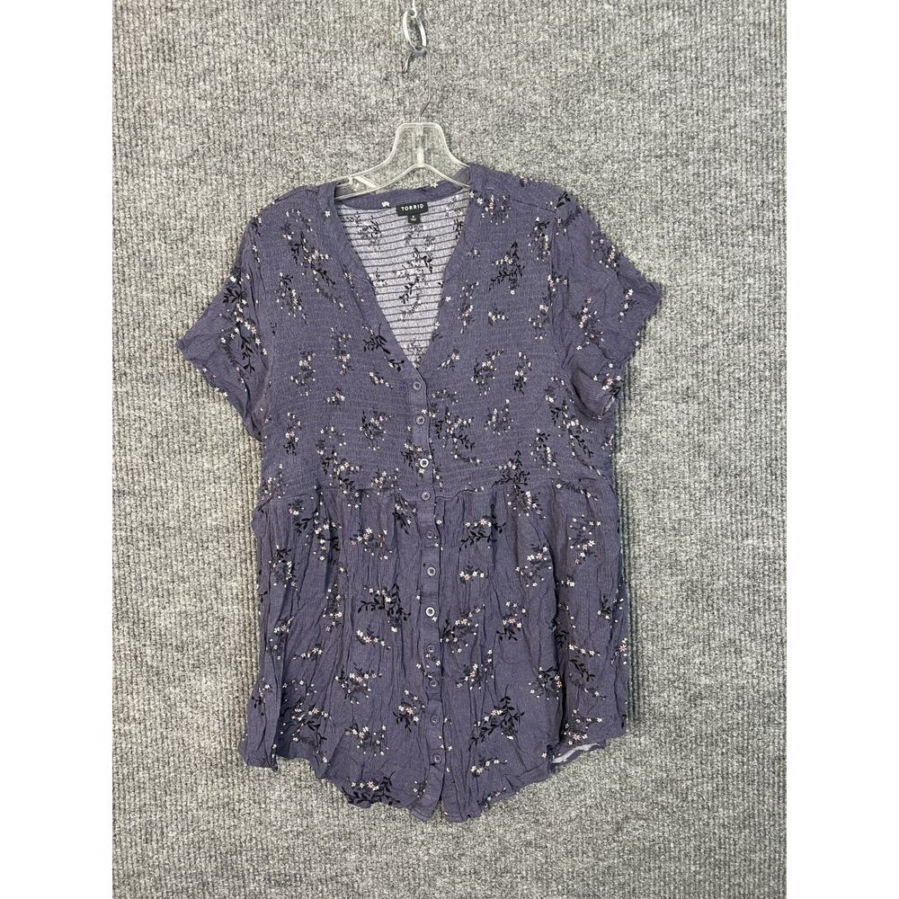 Torrid Blouse Womens Plus 3X Purple Floral Crinkle Smocked Bohemian Short Sleeve - Picture 2 of 11